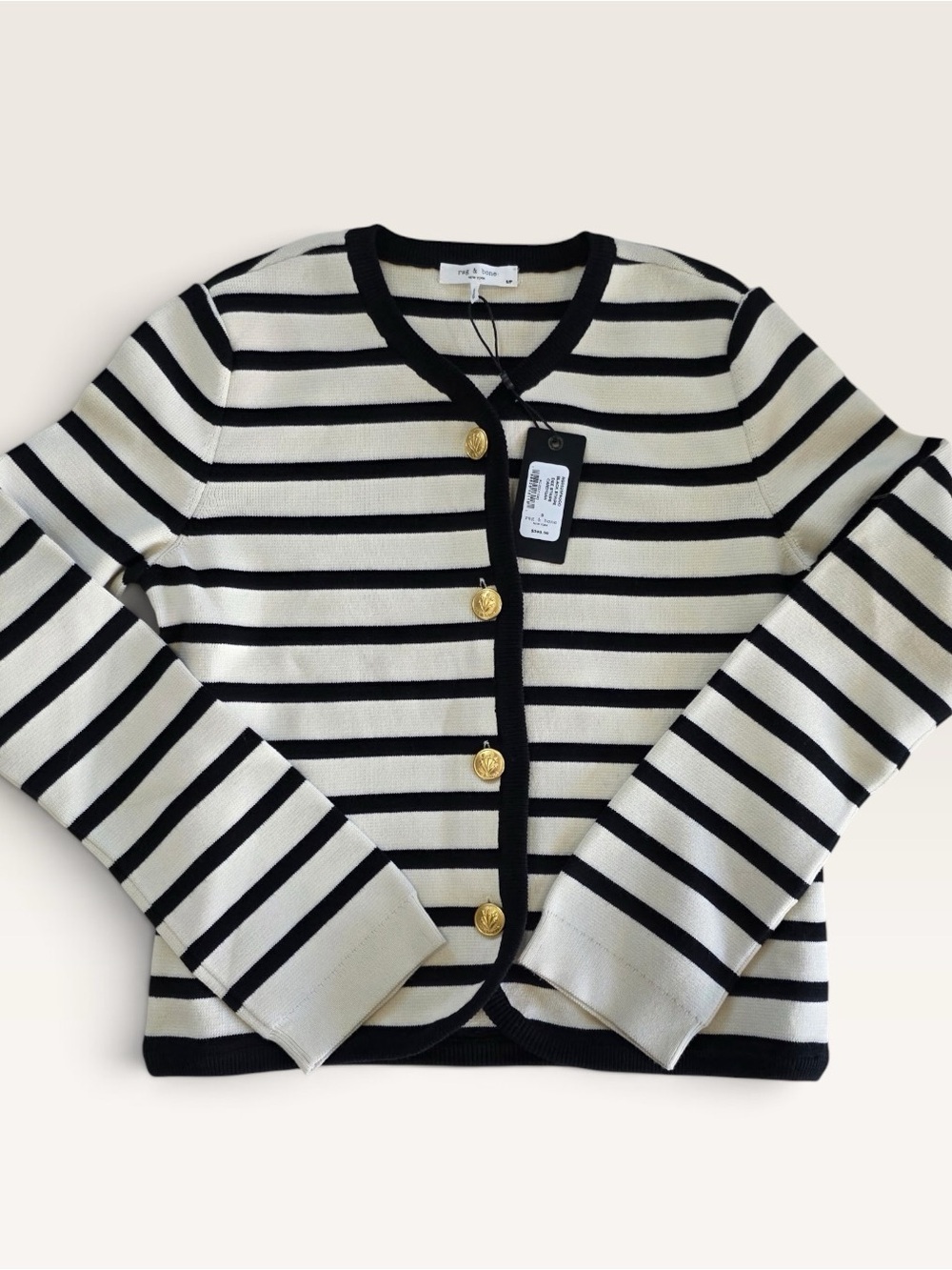Rag & Bone NWT Black Cream Striped Gold Button Cardigan Sweater S